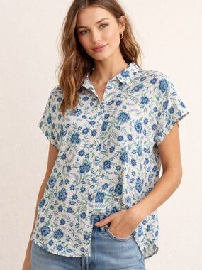 Lucky Brand Floral Button Up Blouse Medium Blue Green Boho Cottagecore Top